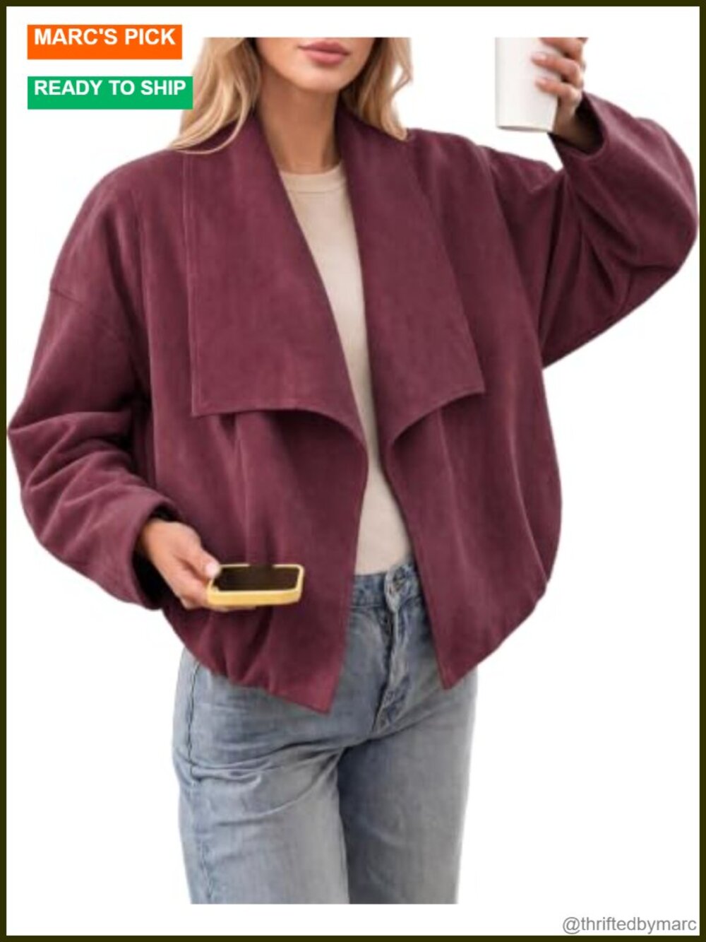 Women's Faux Suede Open Front Cropped Jacket Oversized Long Sleeve